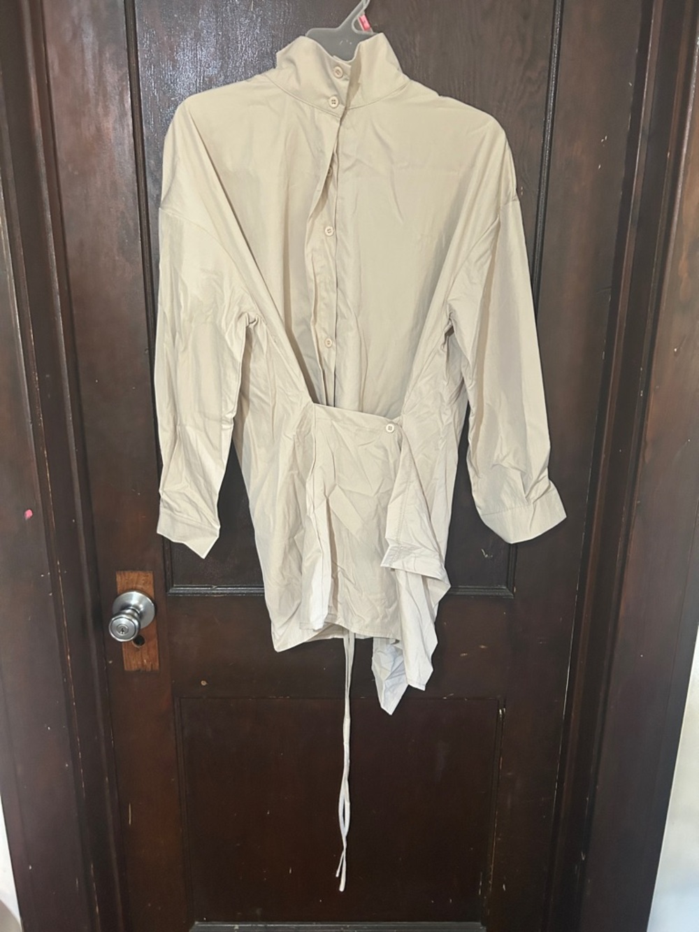 Light Beige Button-Up Tie-Waist Shirt
